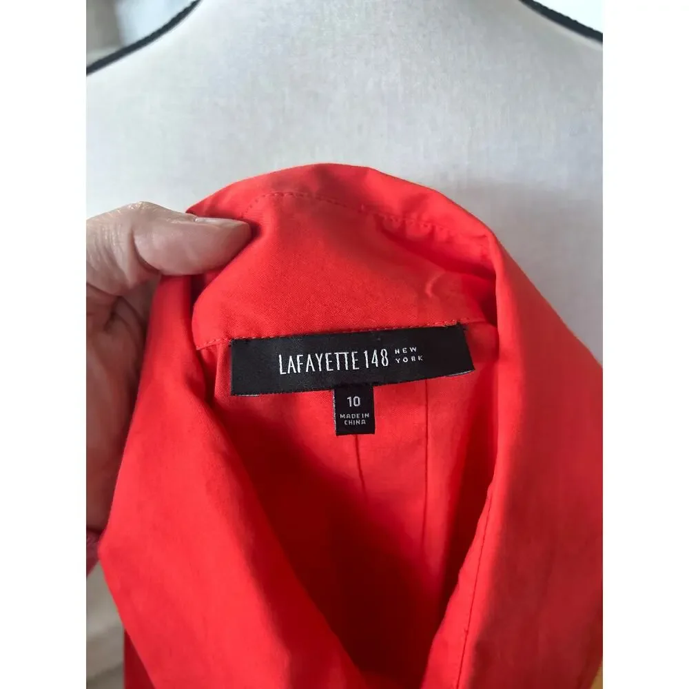Lafayette 148 Orange Red Pin Tuck Pleat 3/4 Sleeve Collared Button Down Blouse - Picture 5 of 6